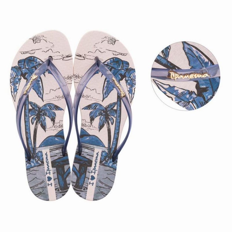 Beige / Blue Women's Ipanema Wave Natural Flip Flops | MAGWCR-894