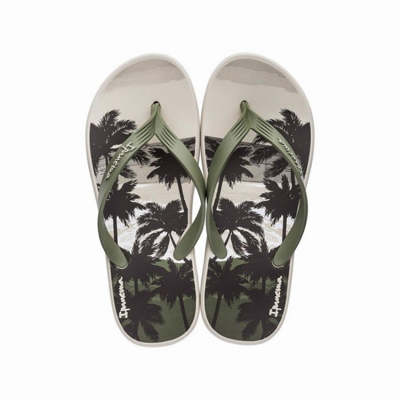 Beige / Green Men's Ipanema 10 Palm Flip Flops | CMVJWF-349