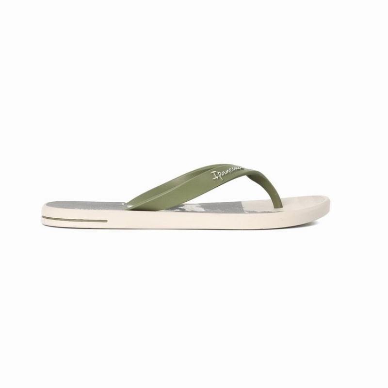 Beige / Green Men\'s Ipanema 10 Palm Flip Flops | CMVJWF-349