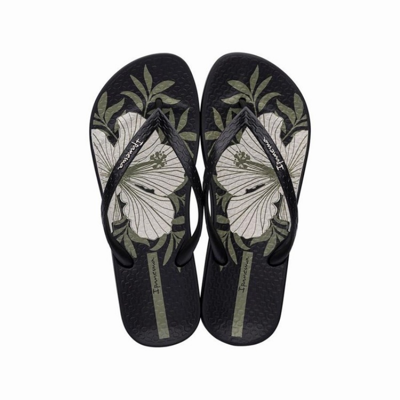 Black / Beige Women's Ipanema Ana Hibiscus Flip Flops | LNZPBG-012