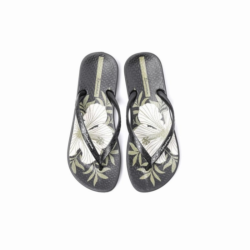 Black / Beige Women's Ipanema Ana Hibiscus Flip Flops | LNZPBG-012