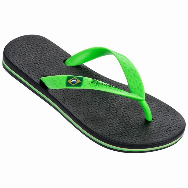 Black / Green Kids' Ipanema Brazil Flip Flops | KMEGRS-804