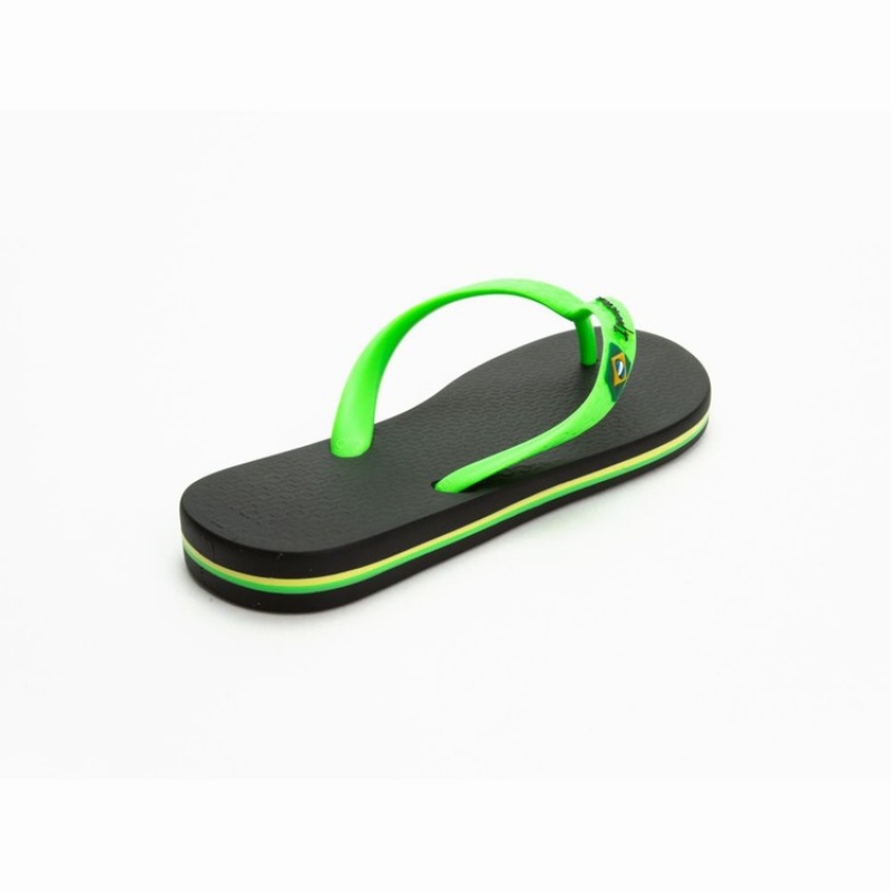 Black / Green Kids' Ipanema Brazil Flip Flops | KMEGRS-804