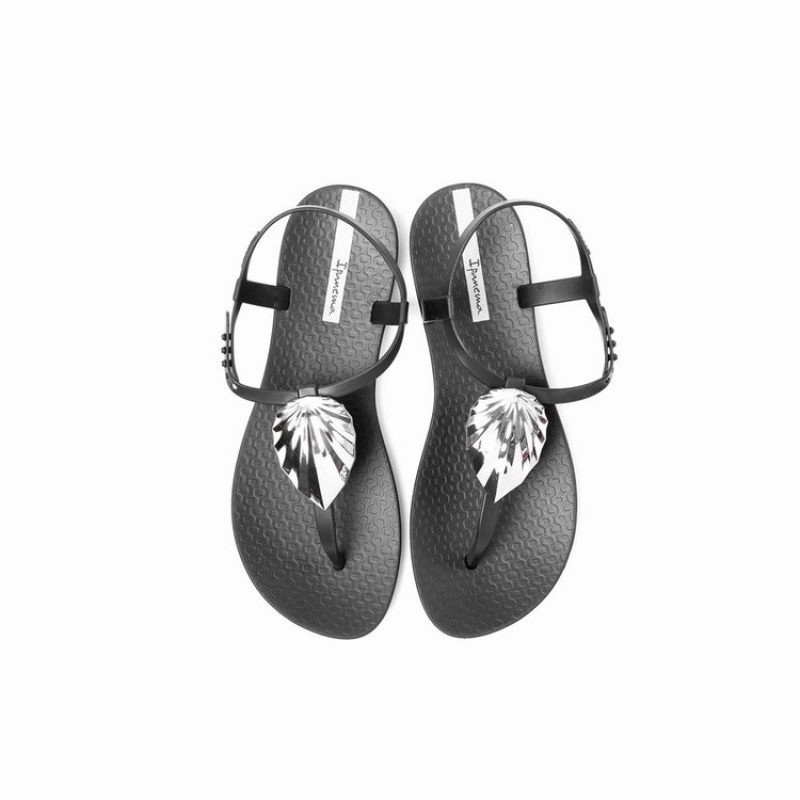 Black / Silver Women's Ipanema Leaf Sandals | SXTPOB-403