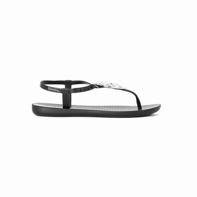 Black / Silver Women's Ipanema Leaf Sandals | SXTPOB-403