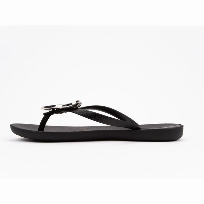 Black / Silver Women's Ipanema Wave Heart Flip Flops | ULIQSR-598