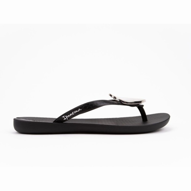 Black / Silver Women's Ipanema Wave Heart Flip Flops | ULIQSR-598