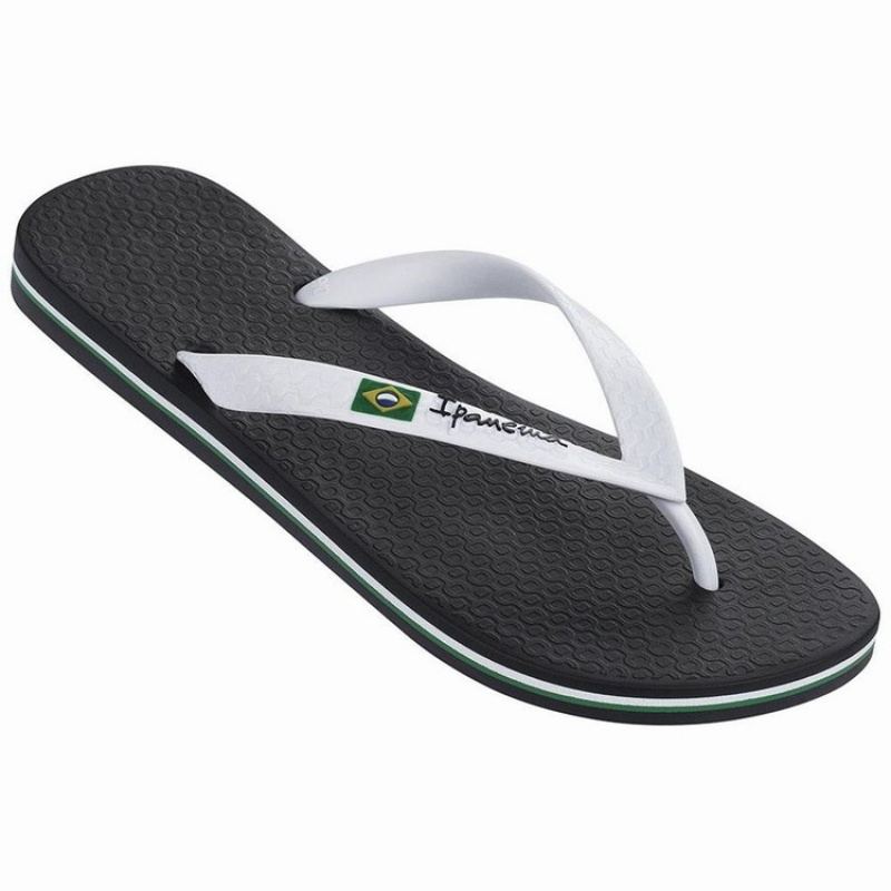 Black / White Men\'s Ipanema Brasil Classic II Ad Flip Flops | ETGDMJ-793